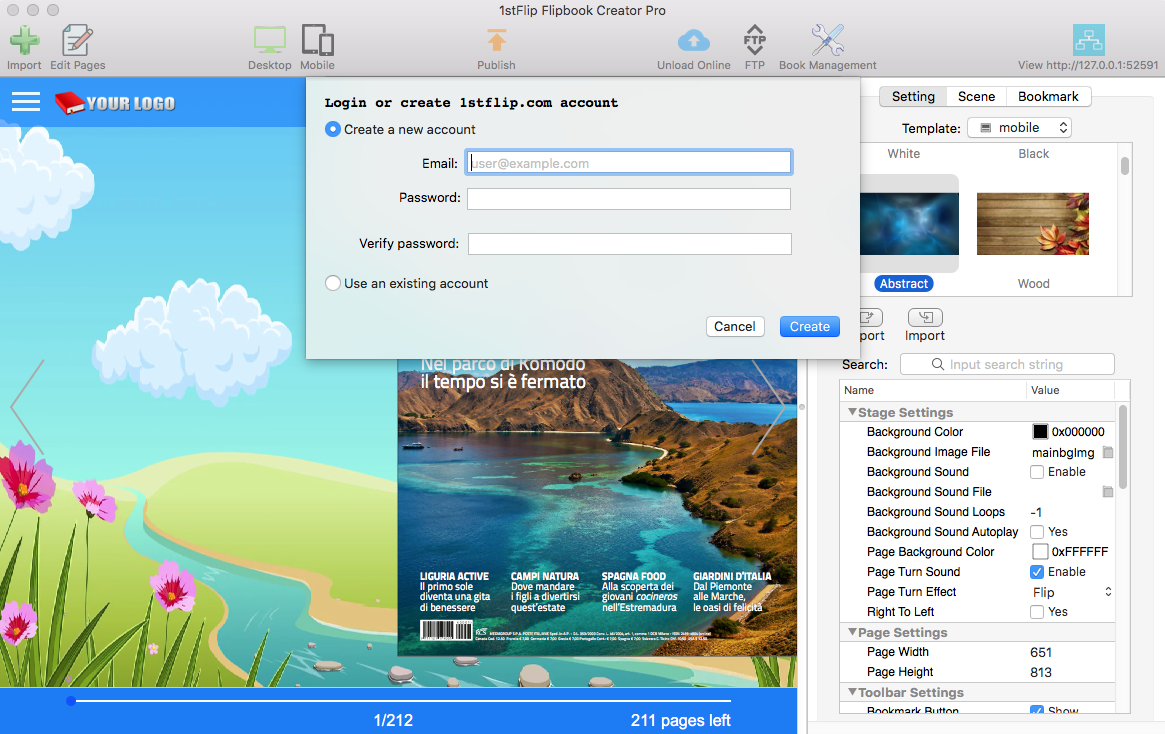 creat account, mac flipbook creator